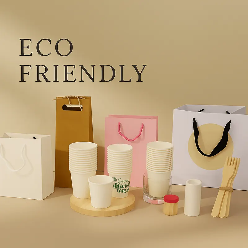 Eco friendly paper bags, cups and cutlery