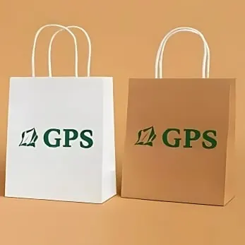 GPS branded white and brown paper bags